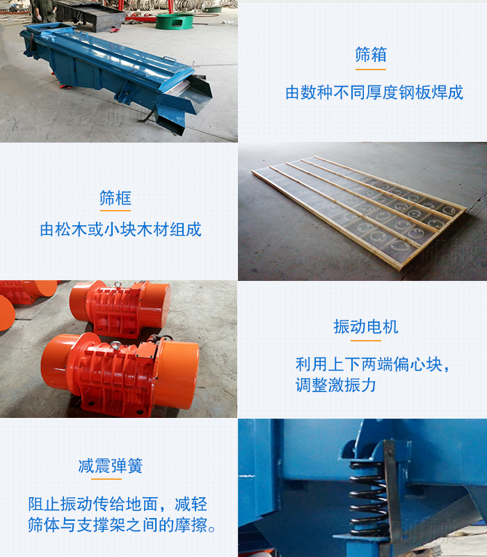 小型直線篩篩箱，篩框，振動電機(jī)，彈簧等部件圖片展示